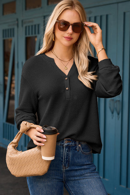 Black Button Notched Neck Waffle Knit Long Sleeve Top