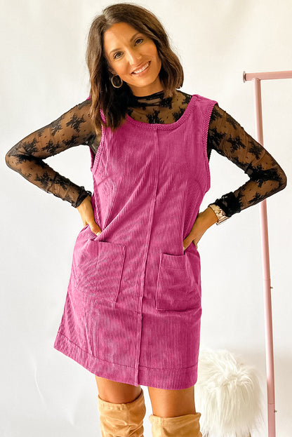 Black Corduroy Exposed Seam Sleeveless Mini Dress