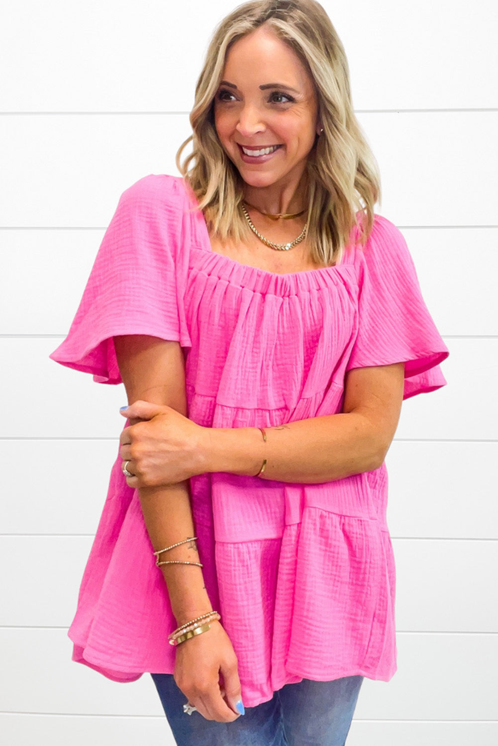 Bright Pink Textured Square Neck Flutter Sleeve Tiered Flowy Blouse