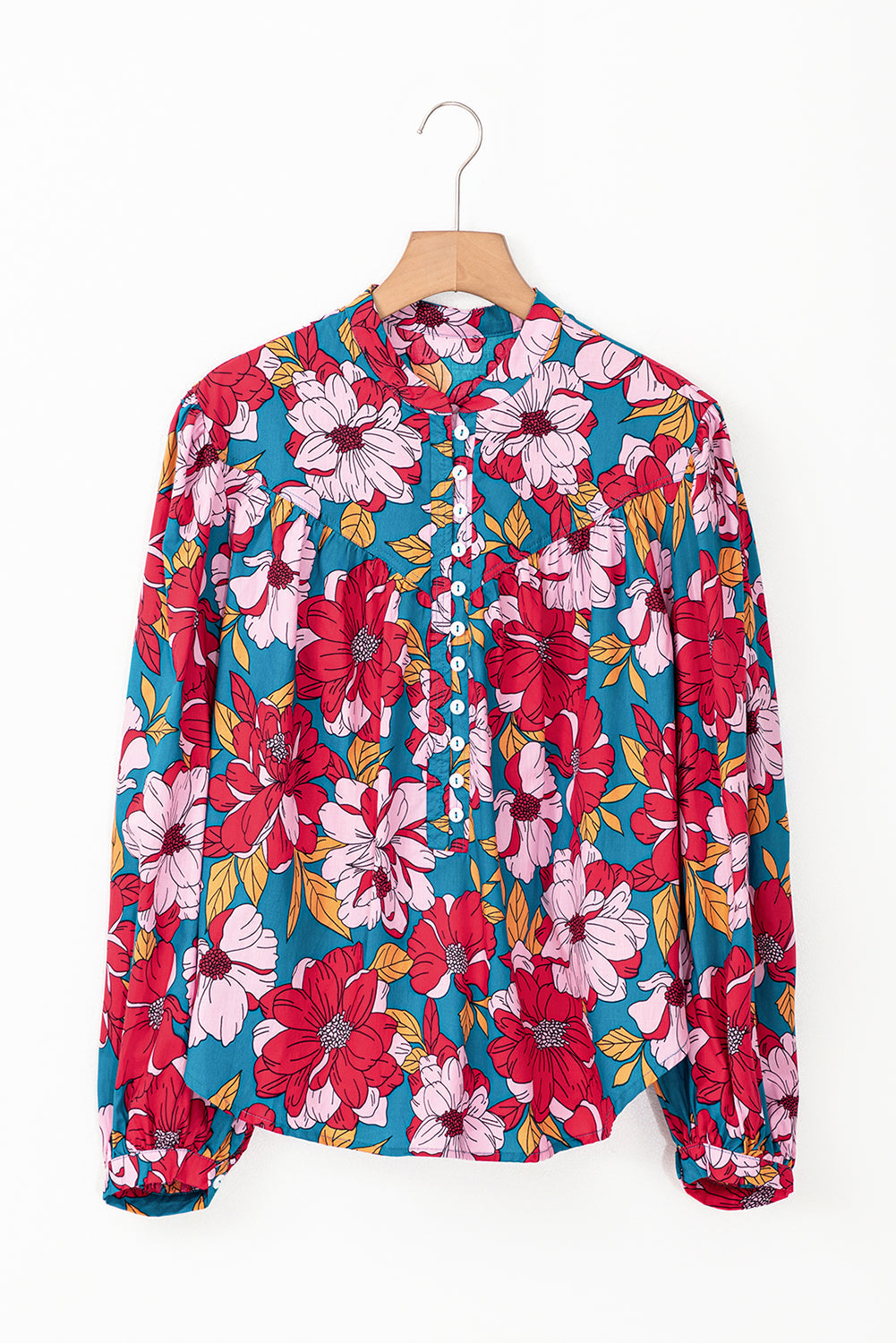 Red Floral Printed Balloon Sleeve Half Buttons Blouse