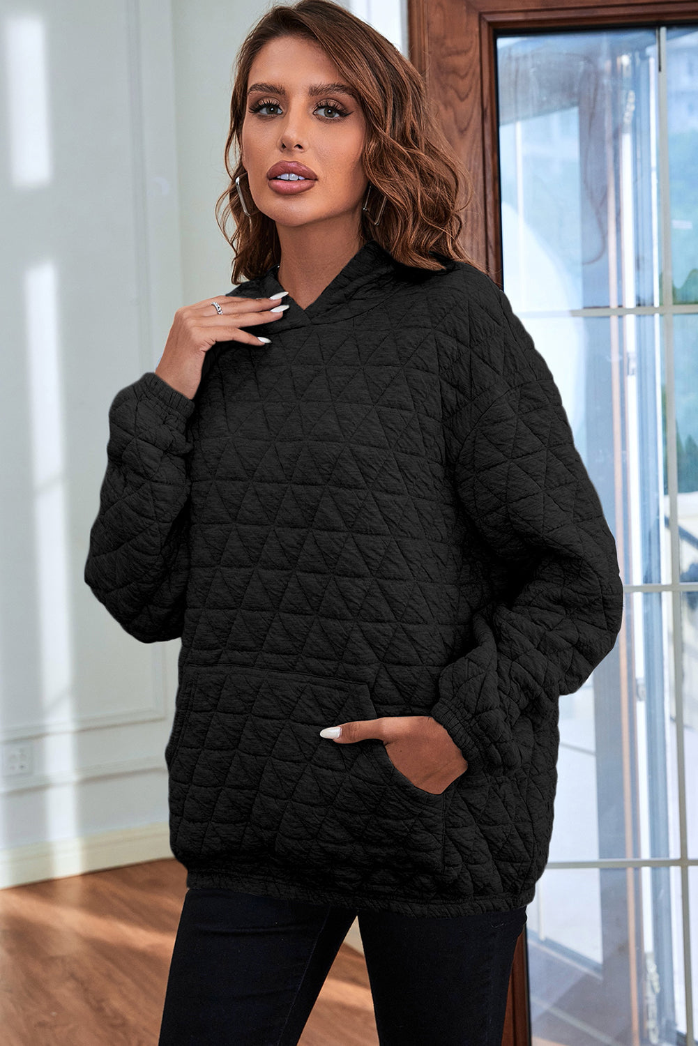 Blackish Green Plus Size Quarter Buttoned Pocketed Quilted Sweatshirt