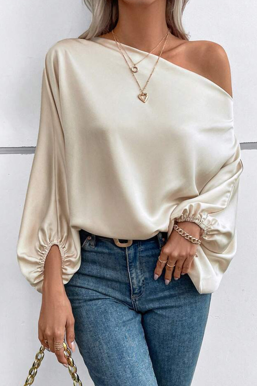 Apricot Asymmetrical Neck Balloon Sleeve Satin Blouse