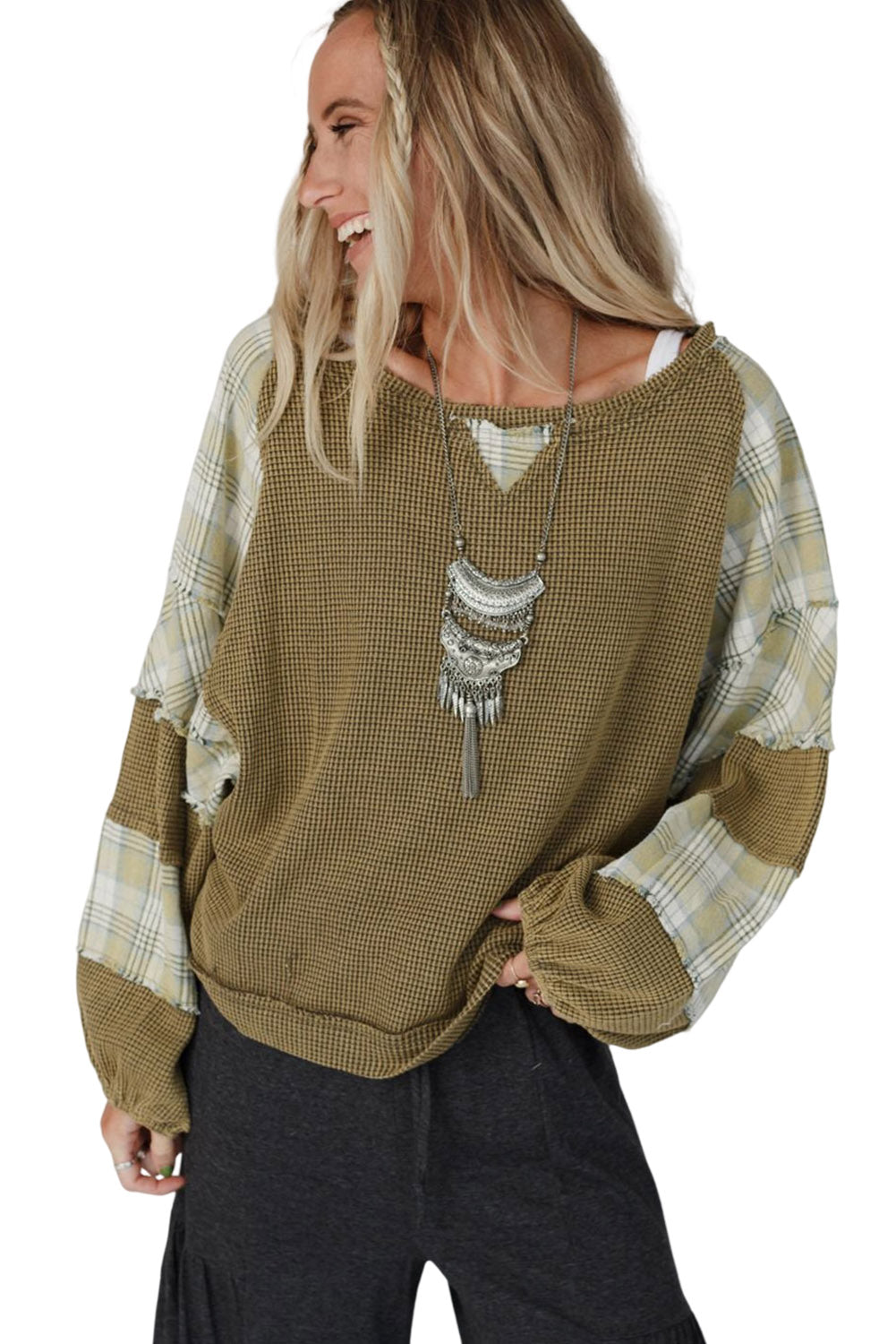 Green Plaid Patch Waffle Knit Exposed Seam Bubble Sleeve Top