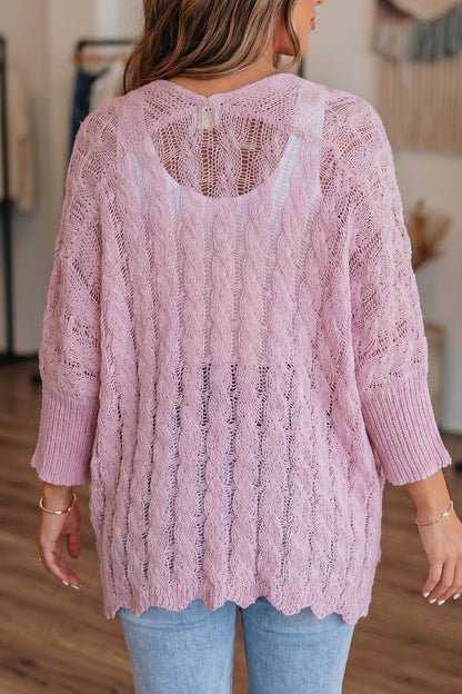 Pink Drop Shoulder Crochet Knit Open Front Cardigan