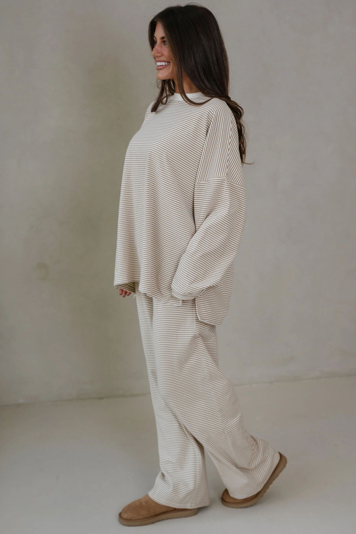 Pink Striped Drop Shoulder Long Sleeve Pant Set