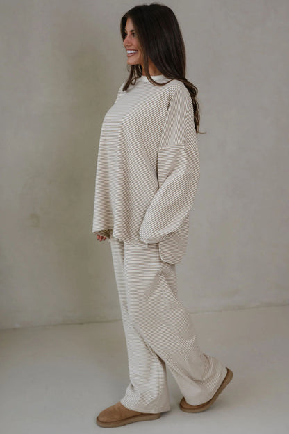 Pink Striped Drop Shoulder Long Sleeve Pant Set