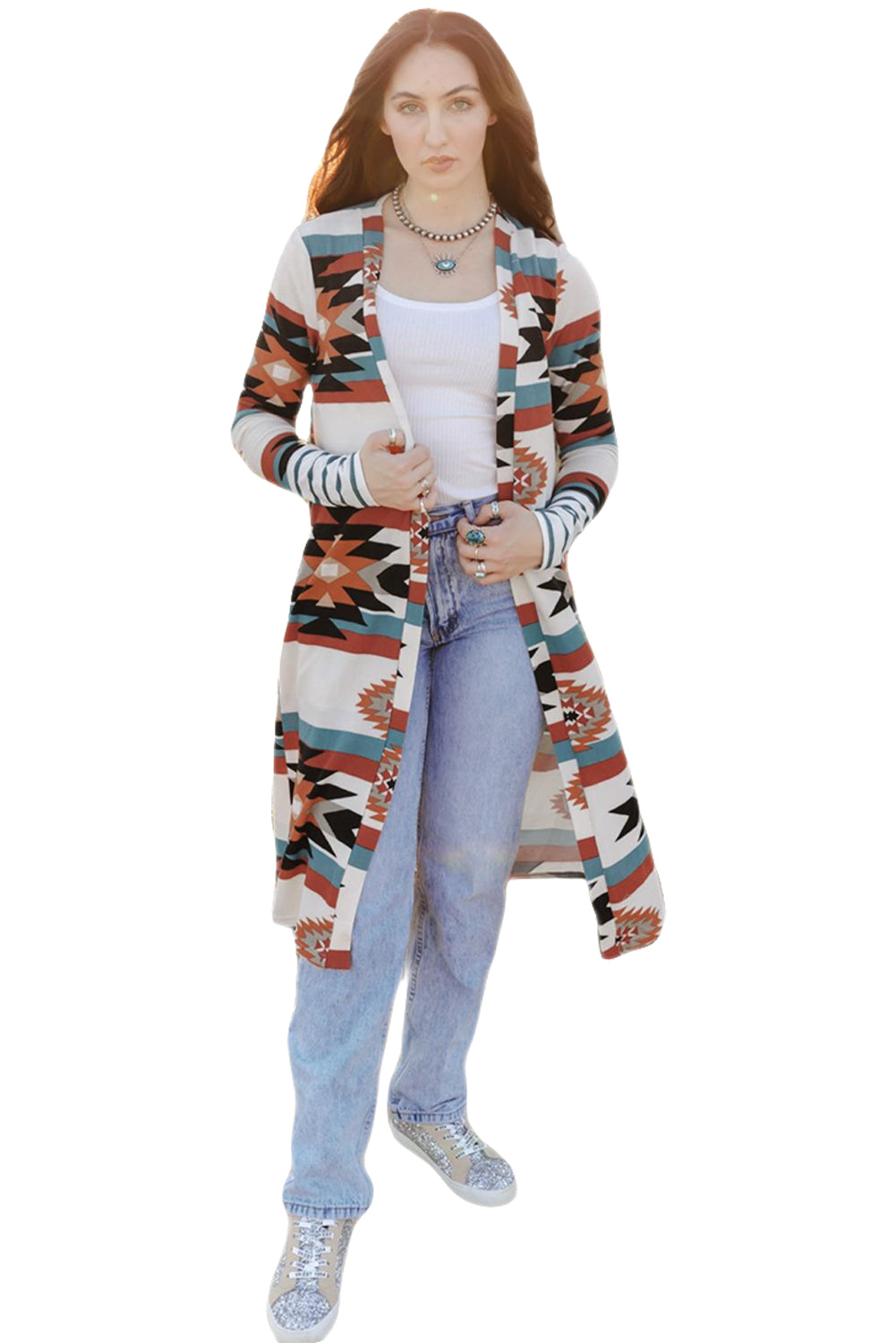 Multicolor Plus Size Geometric Print Open Front Long Cardigan