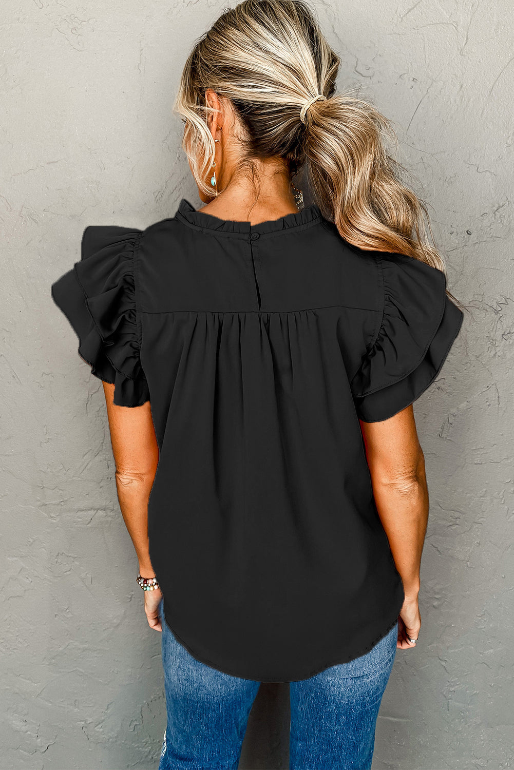 Black Smocked Ruffle Sleeve Blouse