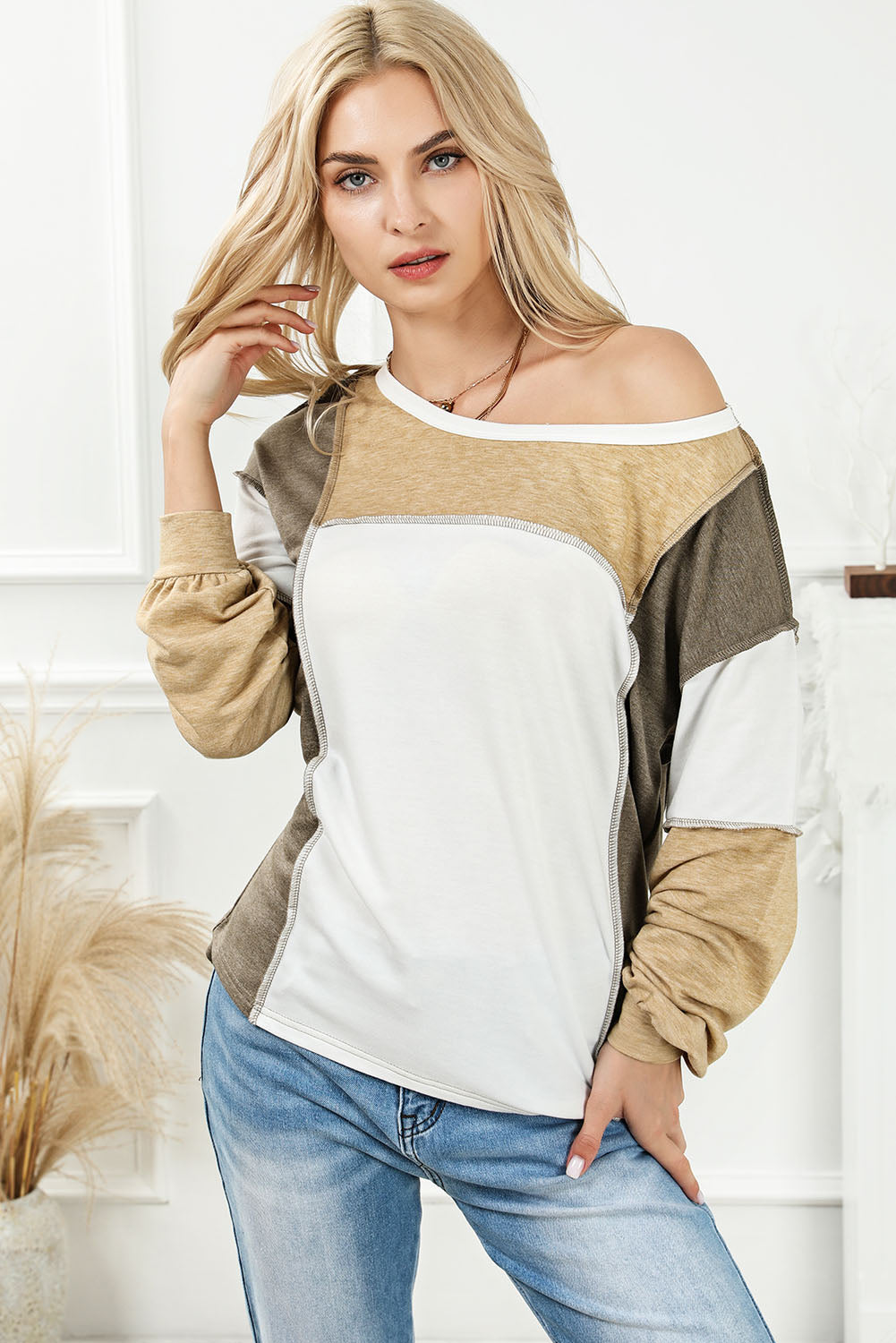 Medium Grey Exposed Seam Color Block Patchwork Top