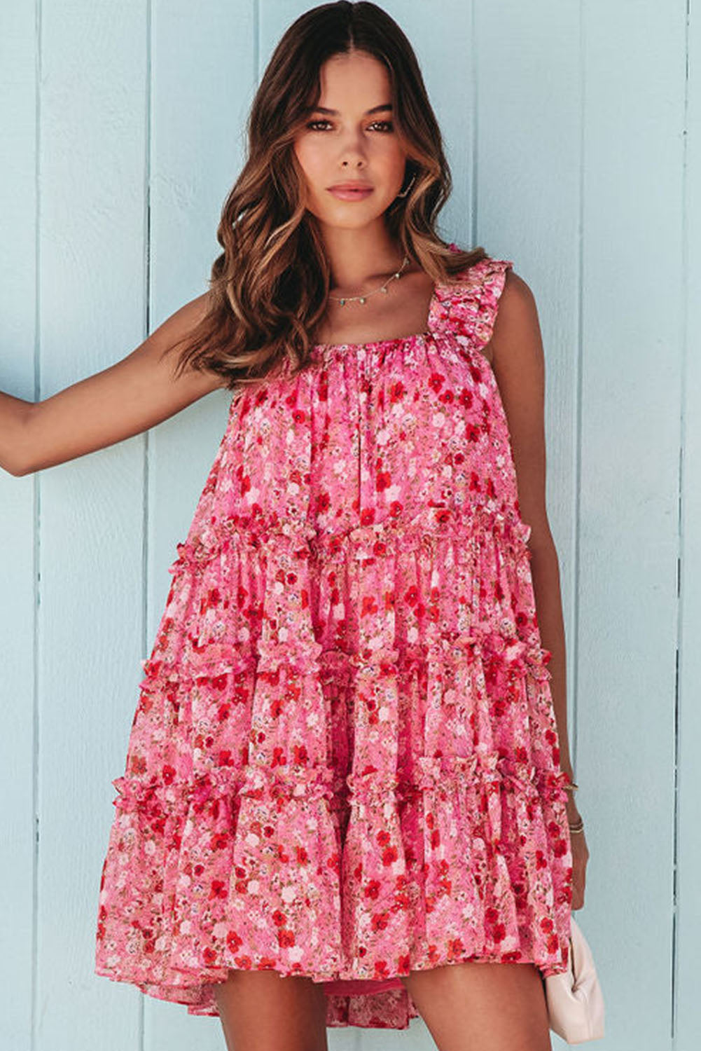 Tiered Ruffled Square Neck Sleeveless Floral Mini Dress