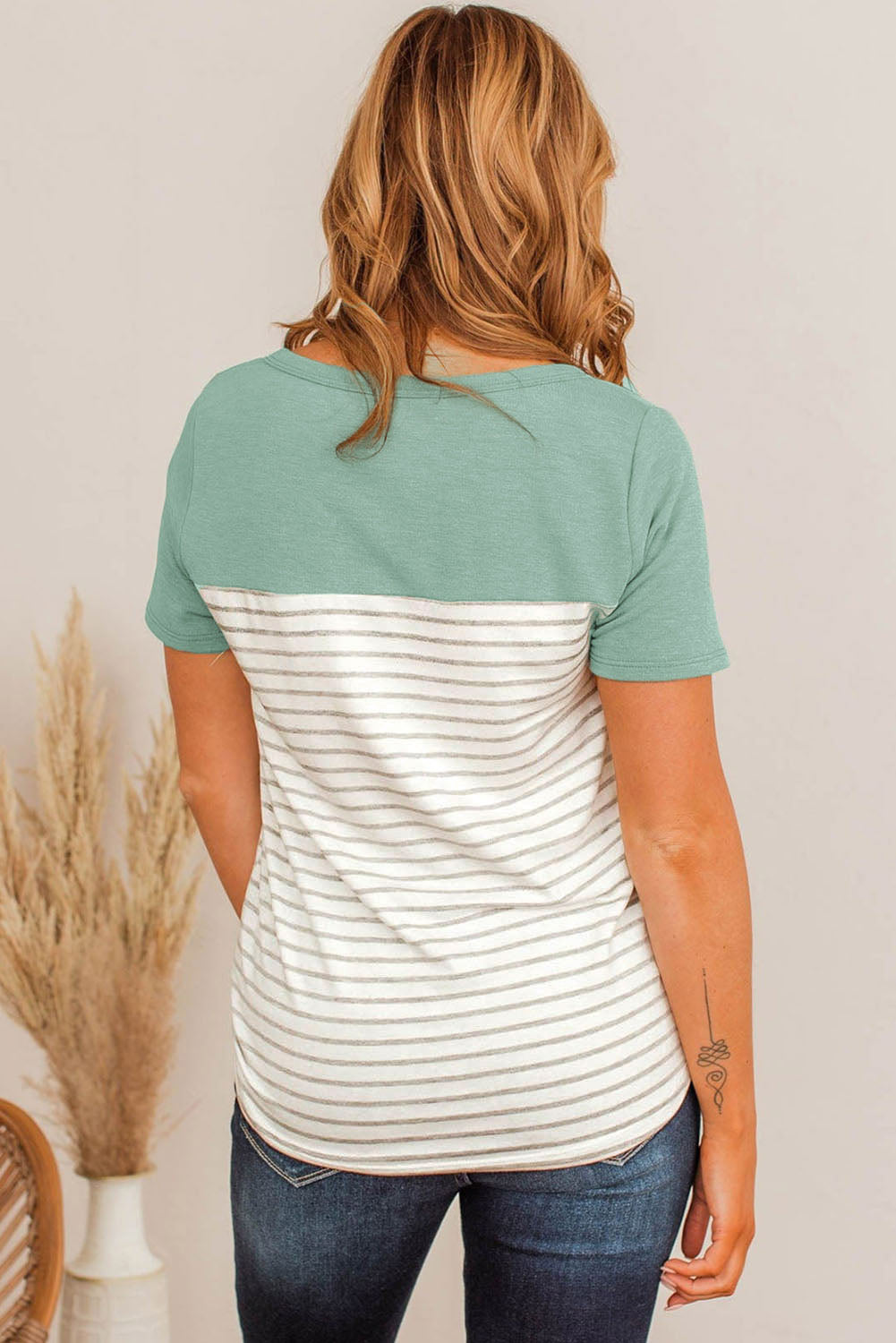 Green Green Contrast Striped Plus Size Short Sleeve Tee