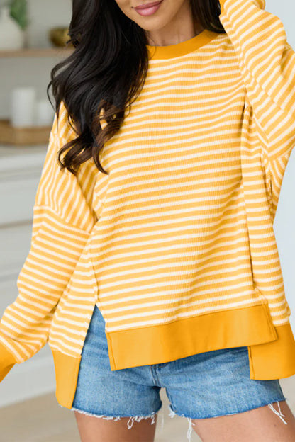 Pink Stripe Textured Knit Color Block Trim Split Hem Long Sleeve Top