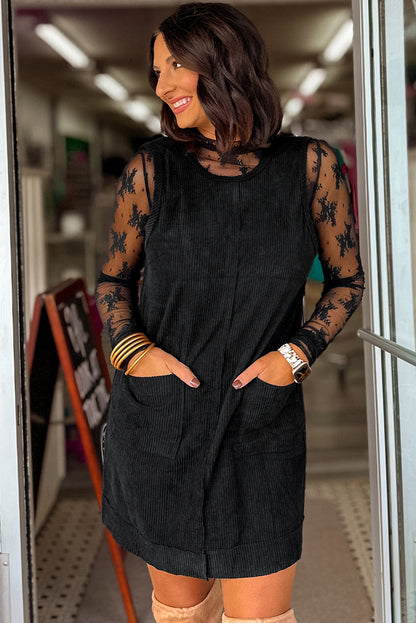 Black Corduroy Exposed Seam Sleeveless Mini Dress