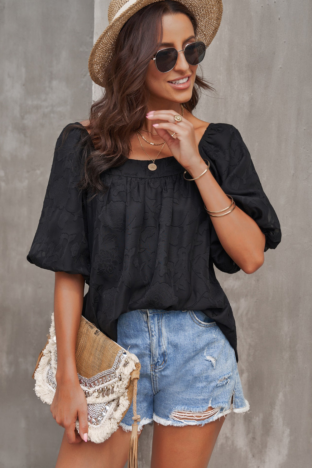 Lush Printed Balloon Sleeve Ruched Chiffon Top