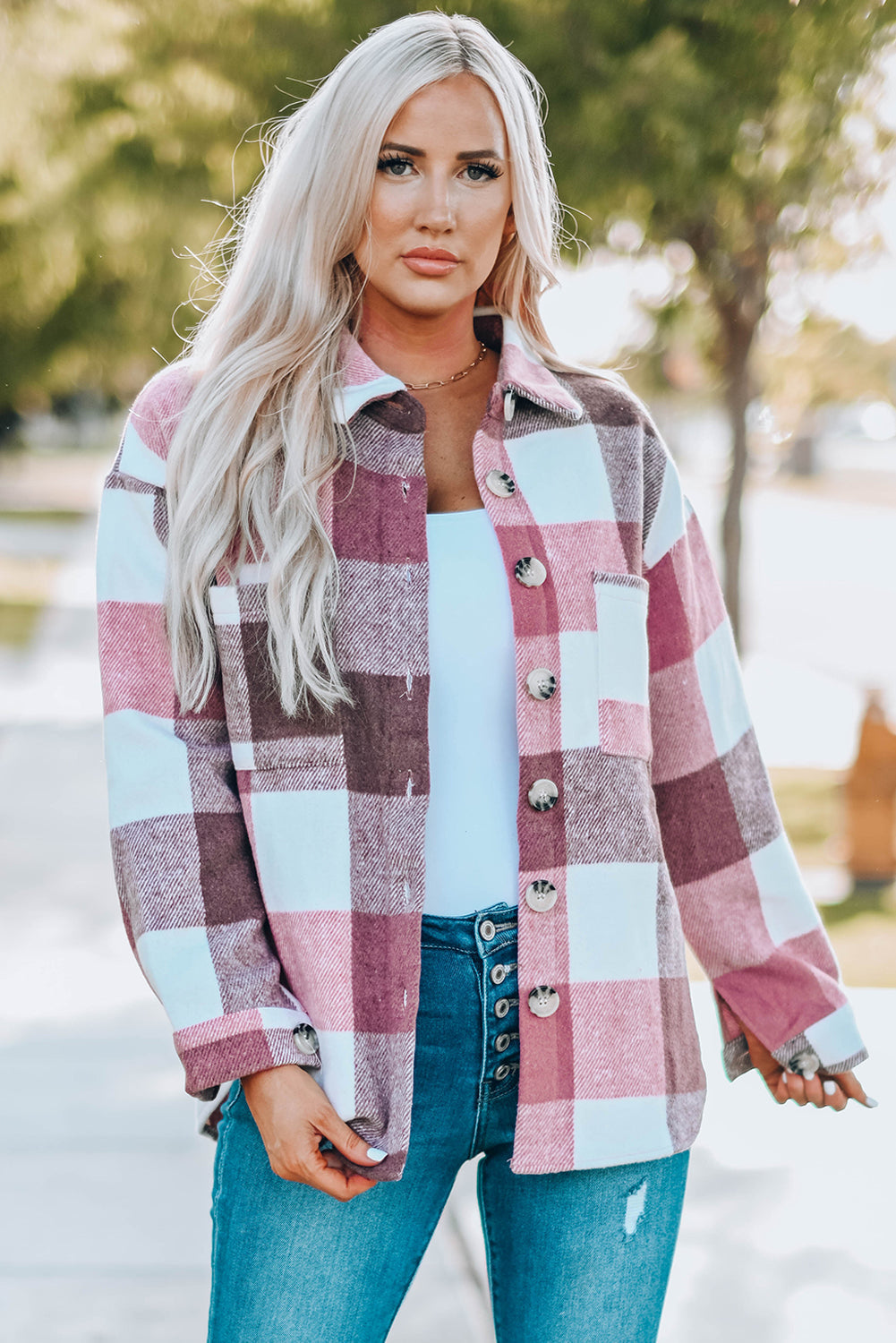 Khaki Plaid Color Block Buttoned Long Sleeve Jacket with Pocket