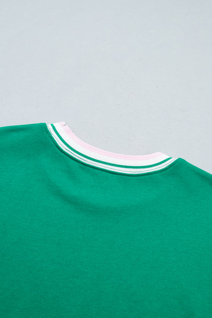 Bright Green Contrast Striped Trim Baggy Pullover Sweatshirt