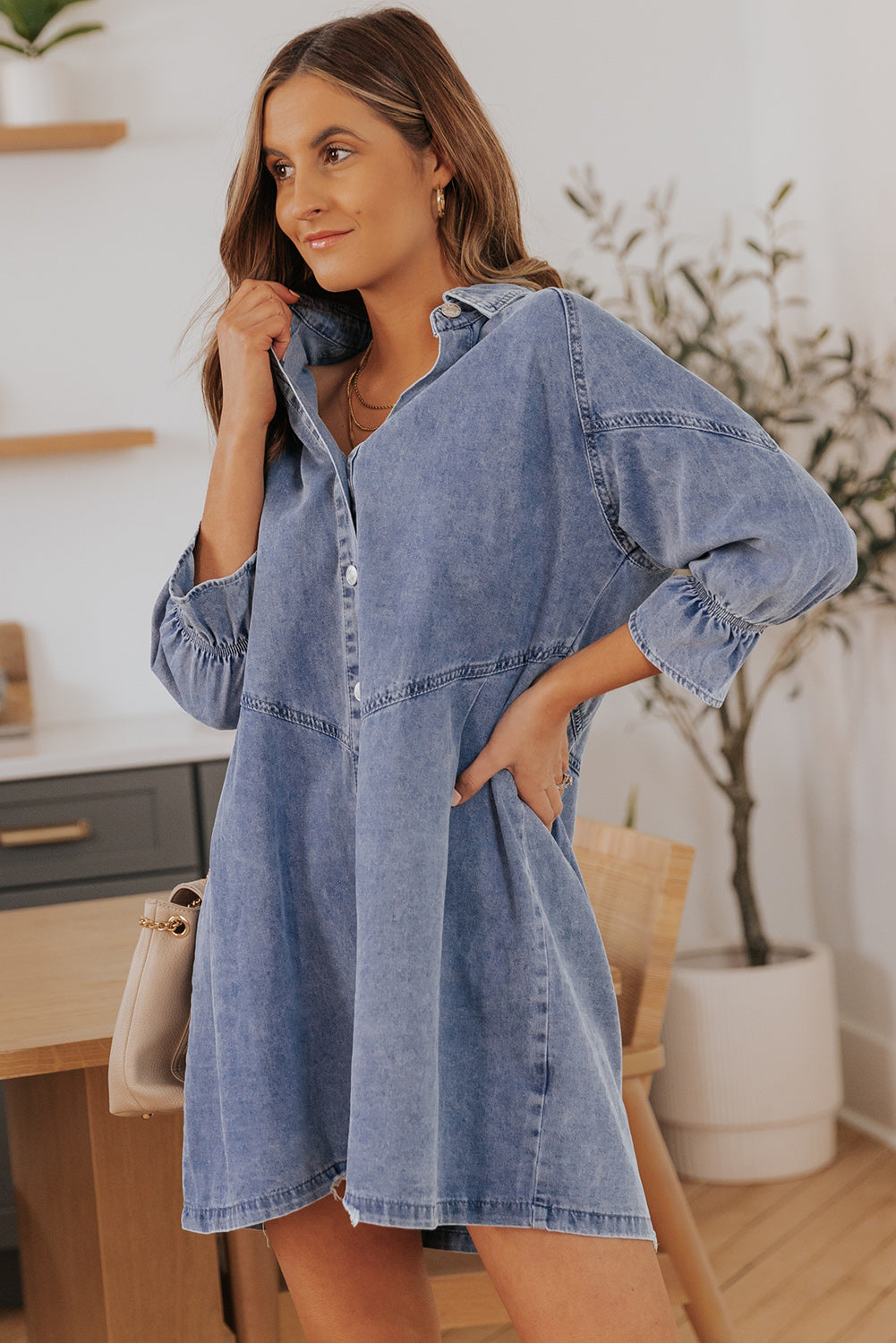 Light Blue Ruffled 3/4 Sleeve Buttoned Front Plus Size Denim Dress