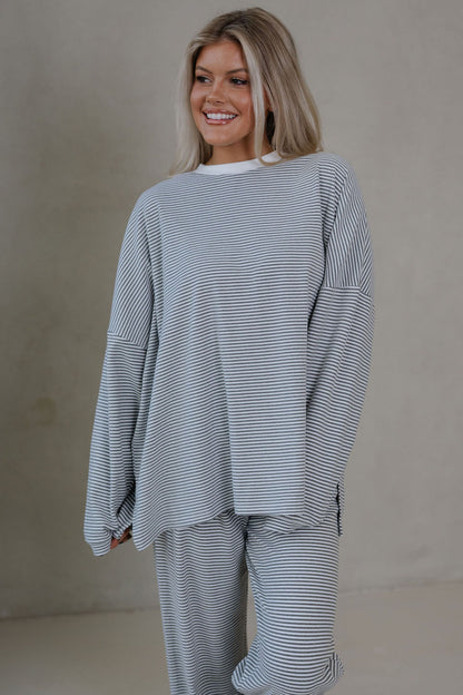 Pink Striped Drop Shoulder Long Sleeve Pant Set