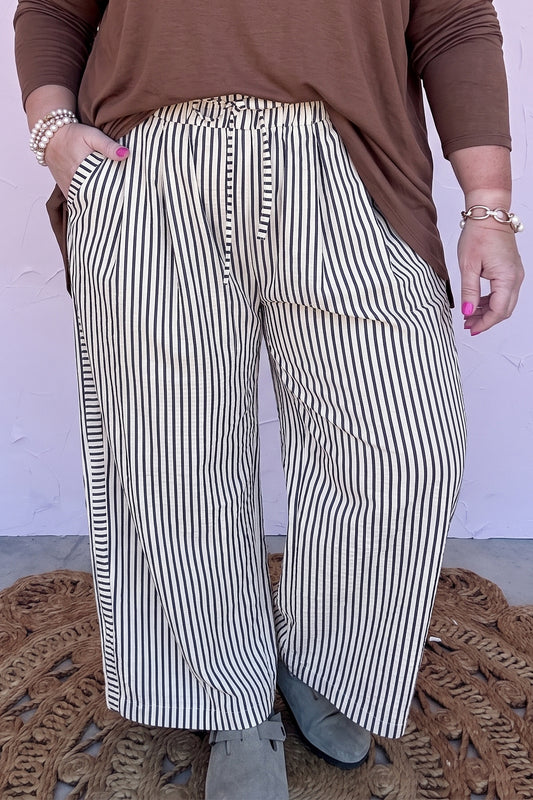 Black Stripe Plus Size Tie Waist Loose Pants