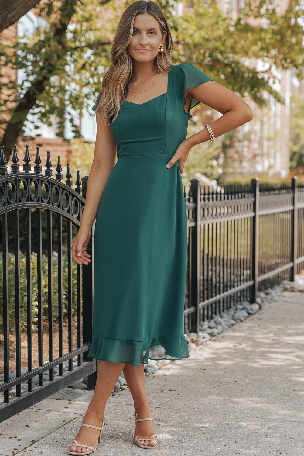 Sea Green Shirred Open Back Sweetheart Neck Ruffled Midi Dress