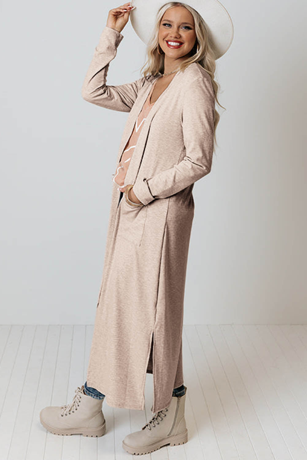 Open Front Pocketed Duster Cardigan with Slits