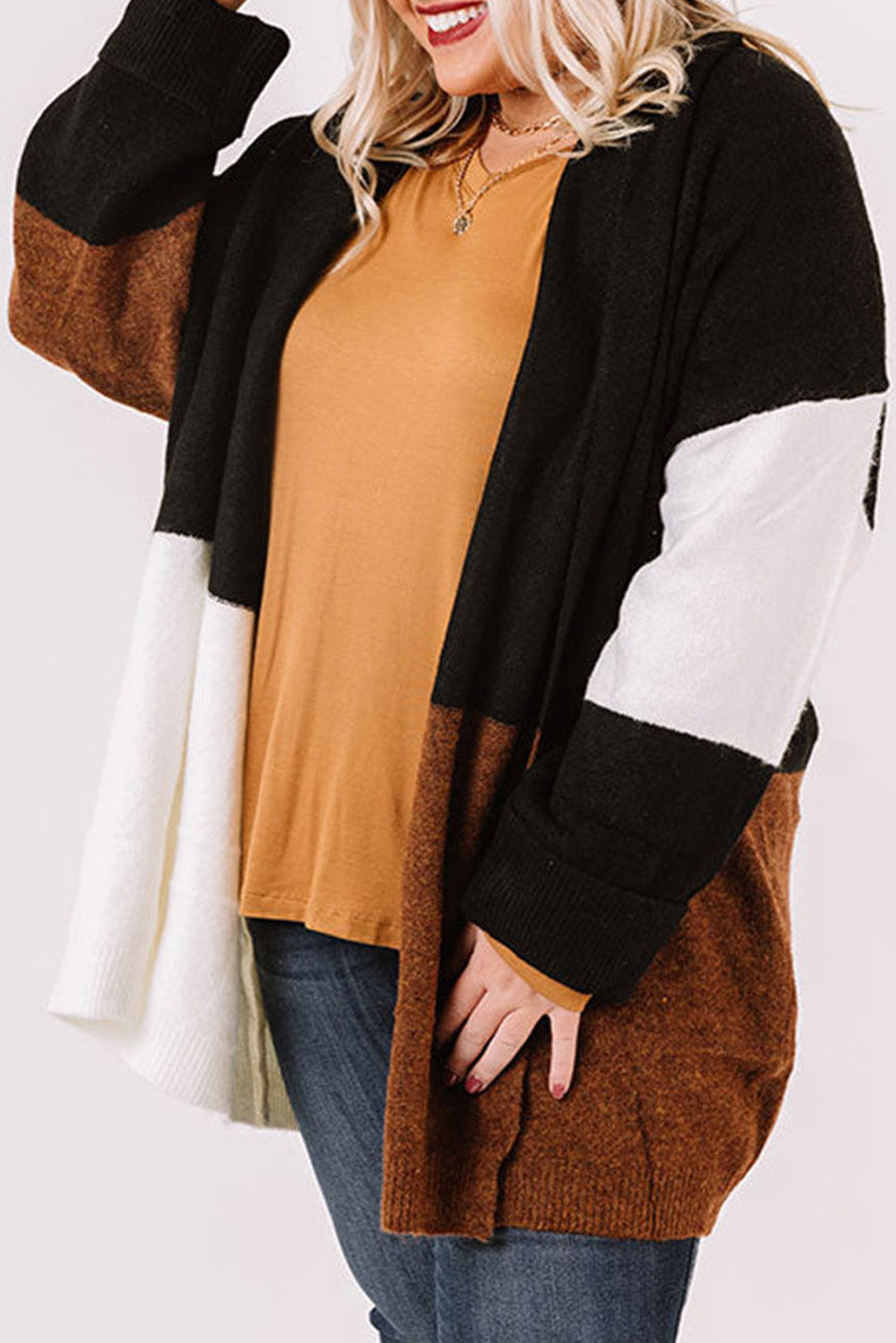 Plus Size Open Front Color Block Cardigan