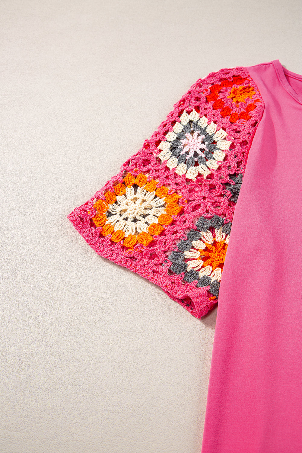 Strawberry Pink Floral Crochet Short Sleeve Top