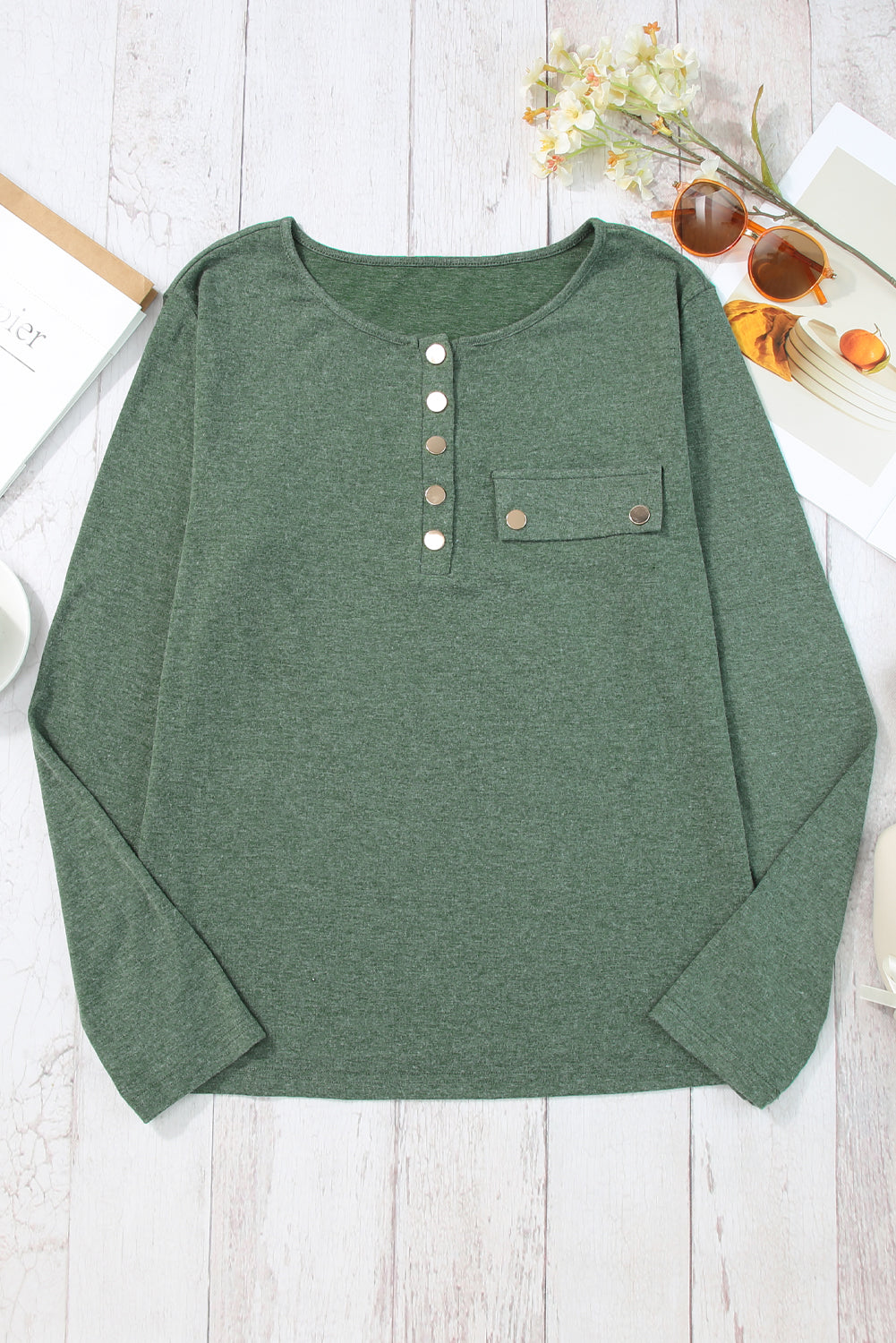 Chestnut Long Sleeve Snap Button Henley Top