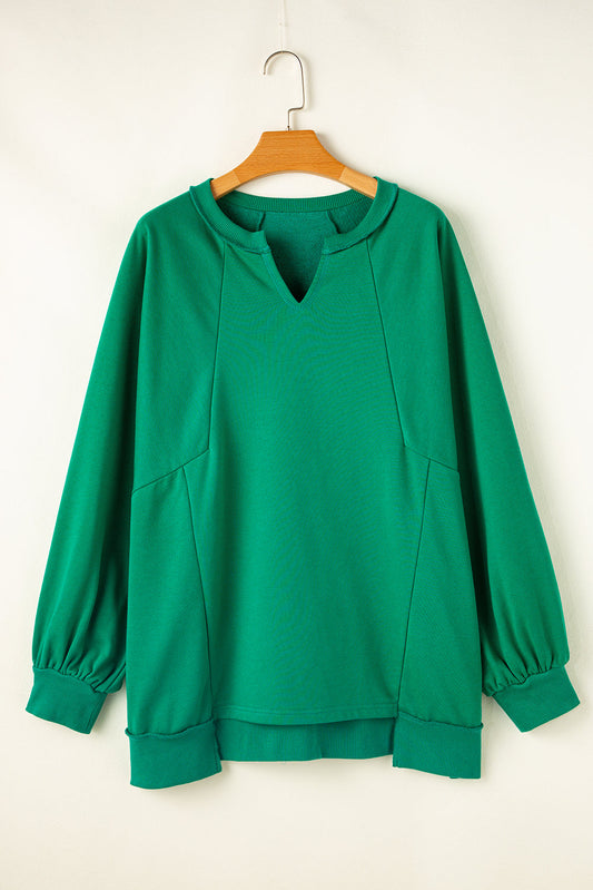 Bright Green Exposed Seam Notched Neck Drop Shoulder Plus Sweatshirt