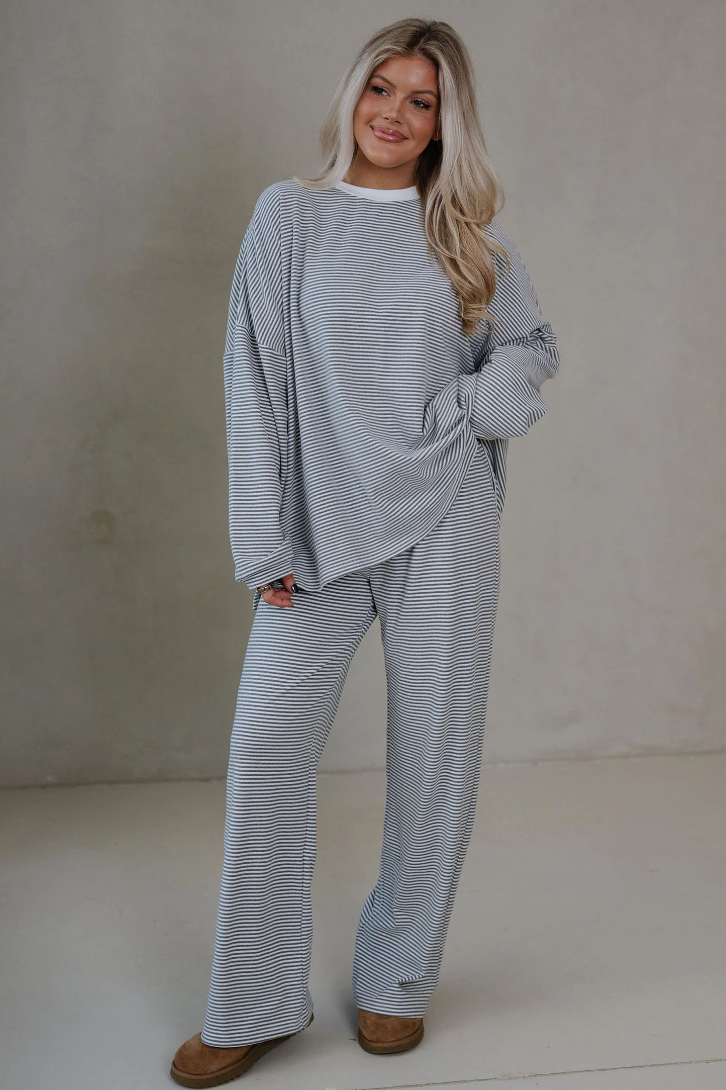 Pink Striped Drop Shoulder Long Sleeve Pant Set