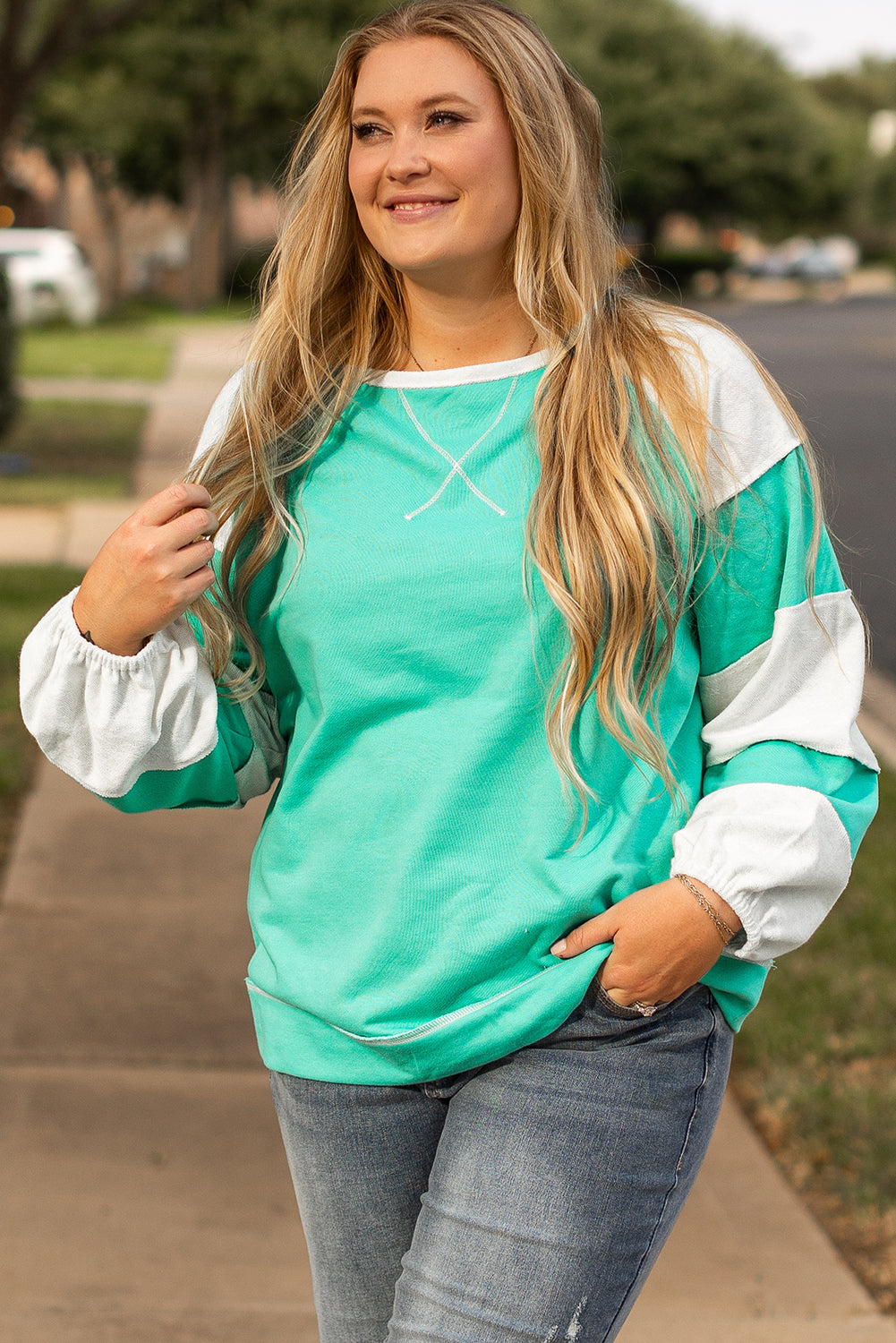 Aruba Blue Colorblock Patchwork Plus Sweatshirt