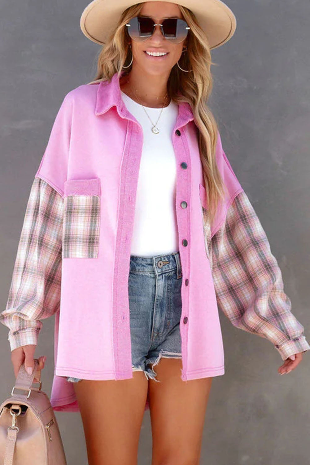 Rose Plaid Patchwork Chest Pockets Oversized Shirt Jacket