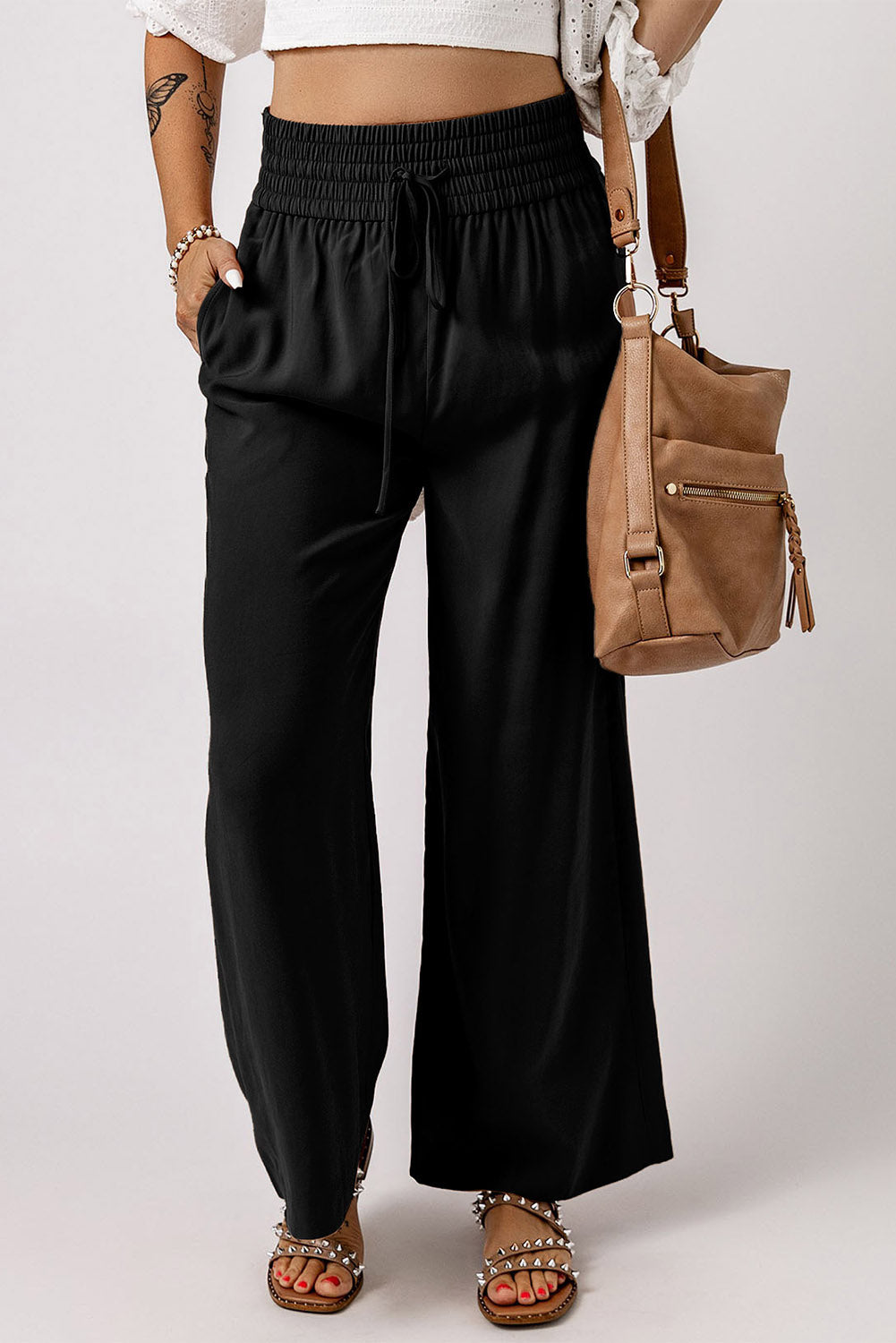 Casual Drawstring Shirred Elastic Waist Wide Leg Pants