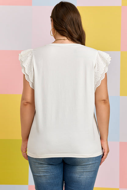 White Eyelet Crochet Splicing Short Sleeve Plus Size Tee