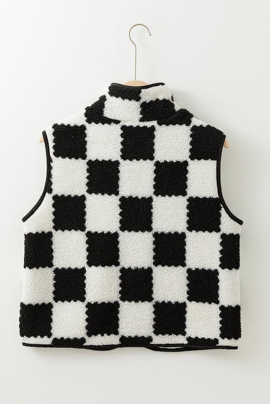 Black Checkered Sherpa Collared Jacket Vest