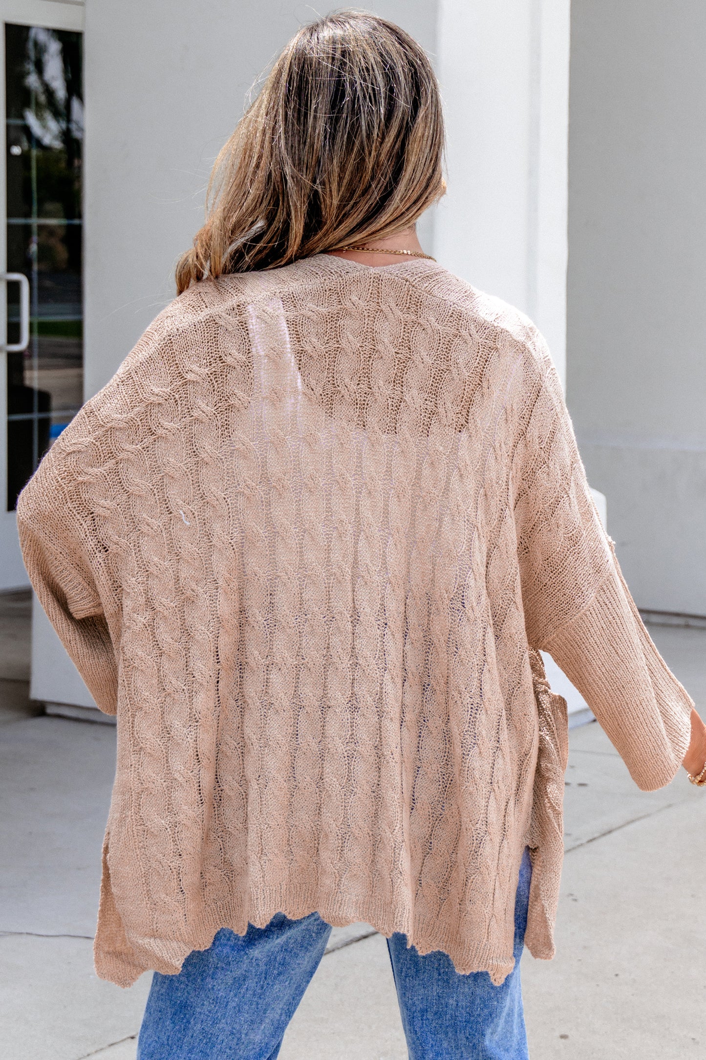 Pink Drop Shoulder Crochet Knit Open Front Cardigan