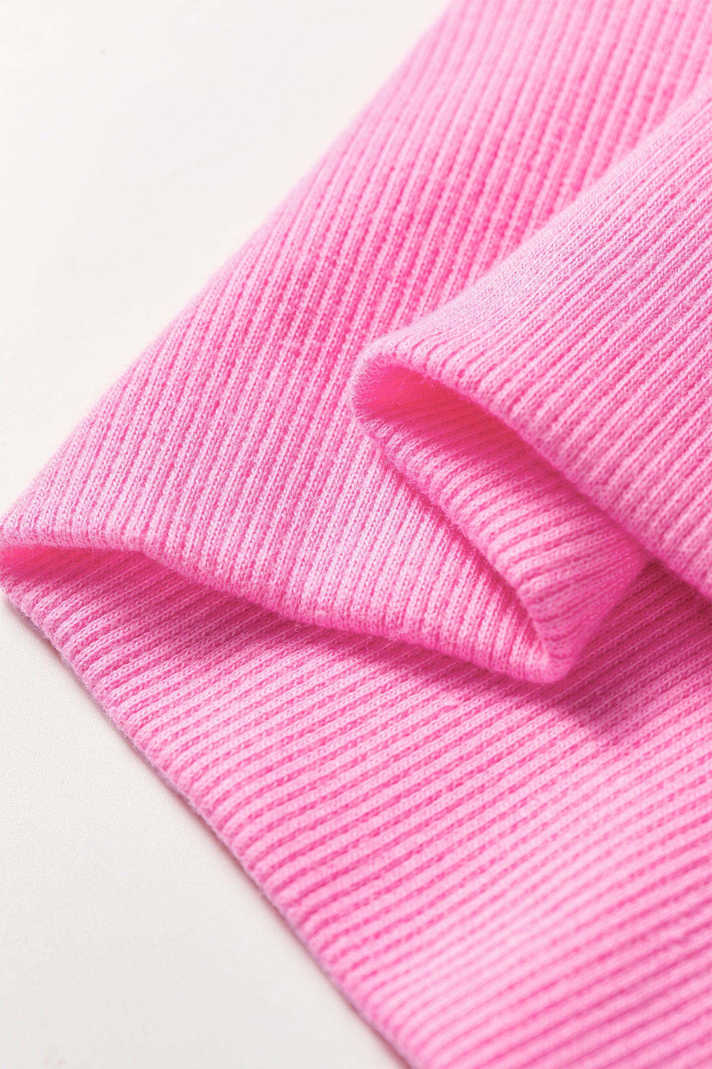 Pink Stripe Textured Knit Color Block Trim Split Hem Long Sleeve Top