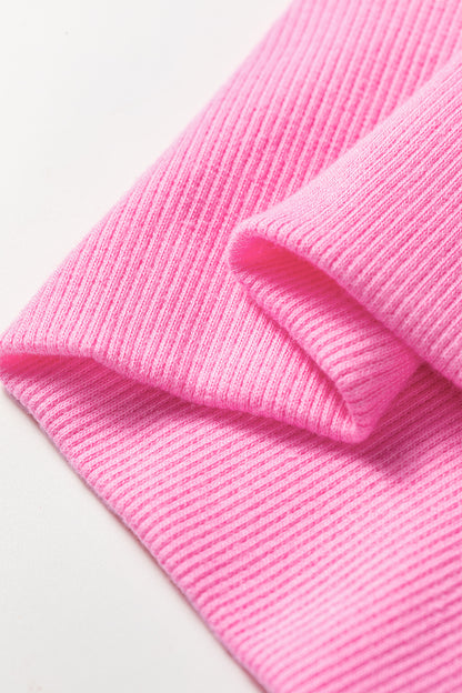 Pink Stripe Textured Knit Color Block Trim Split Hem Long Sleeve Top