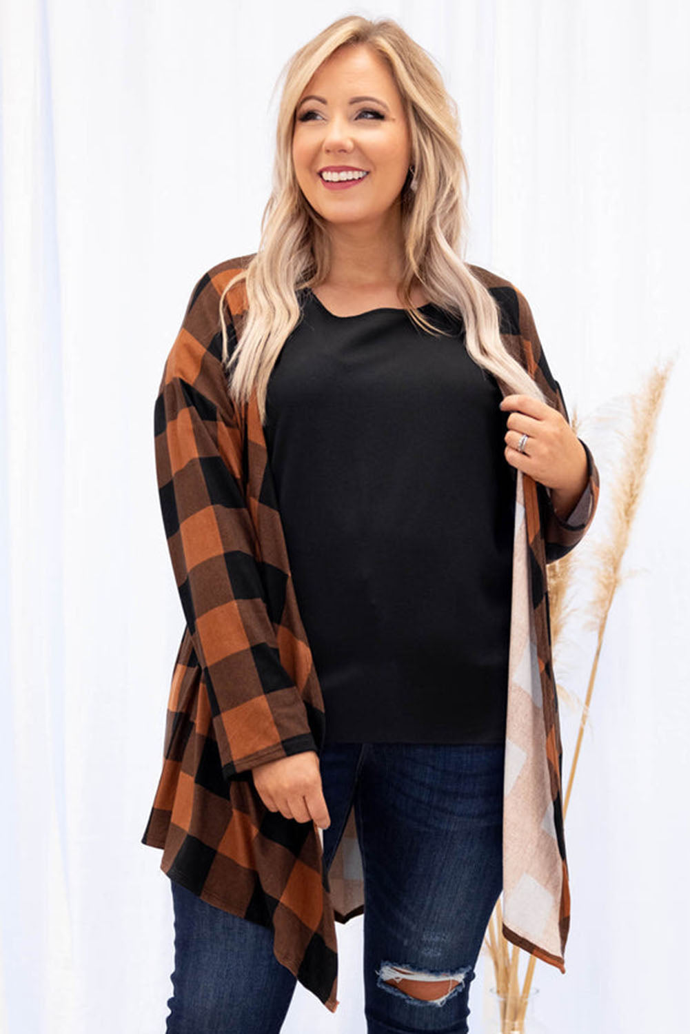 Plus Size Plaid Pattern Open Front Cardigan