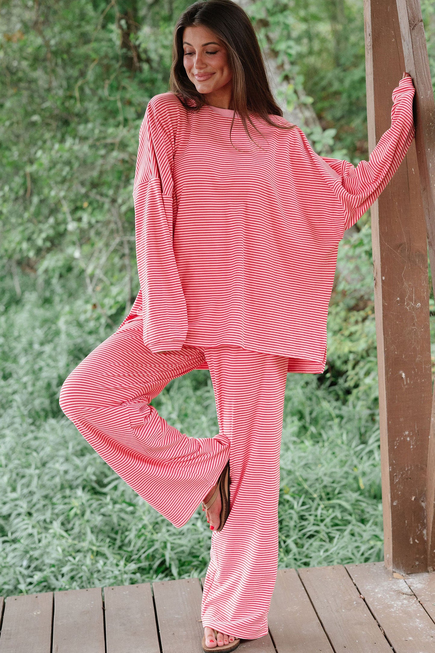 Pink Striped Drop Shoulder Long Sleeve Pant Set