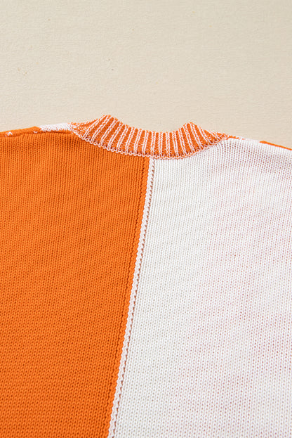 Orange Checkered Bubble Sleeve Plus Size Drop Shoulder Knit Cardigan