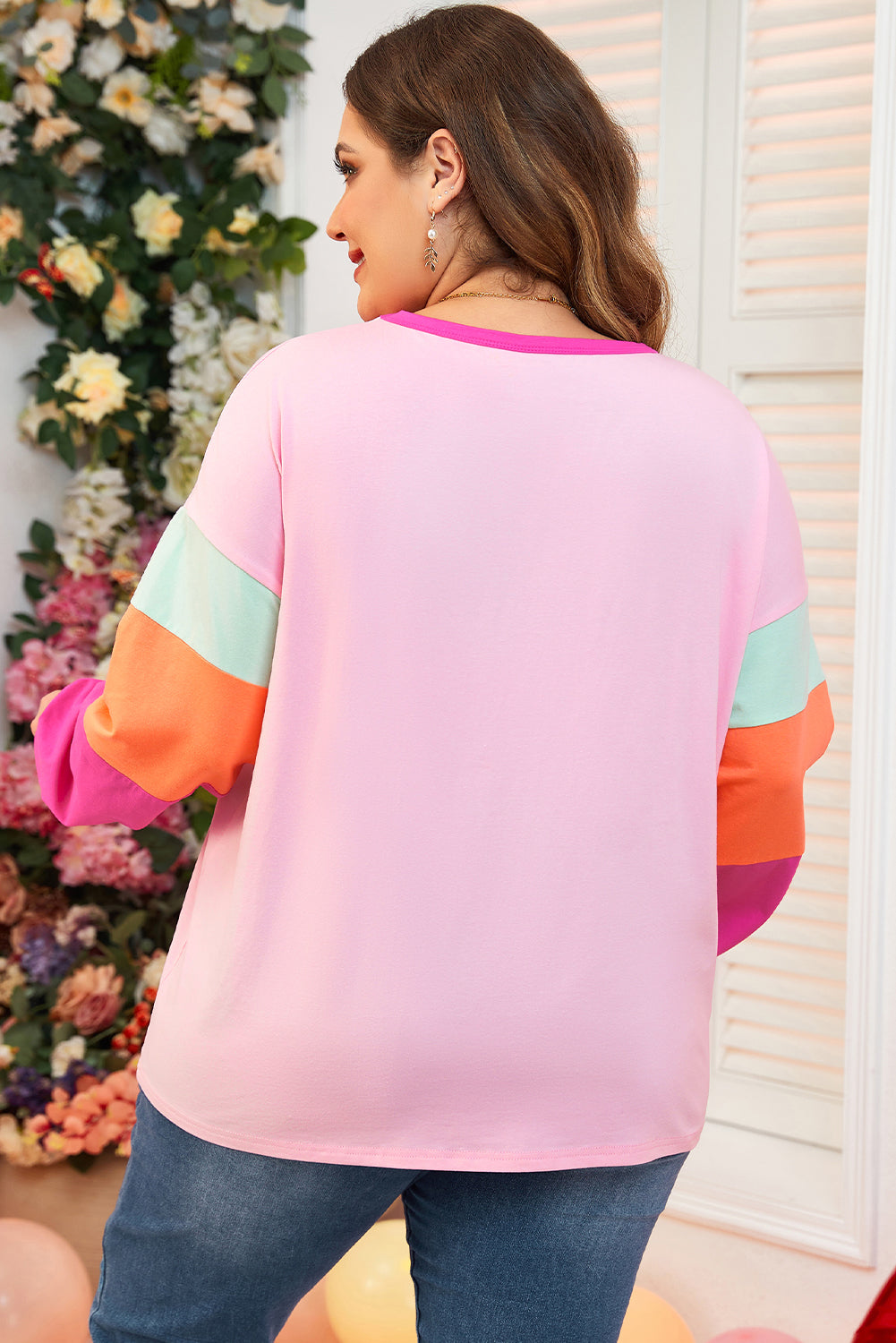 Pink Colorblock Patchwork Long Sleeve Plus Size Top