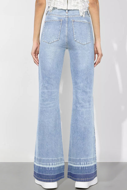 Iceland Blue Unique Hem Design Elastic Waist Flare Leg Jeans