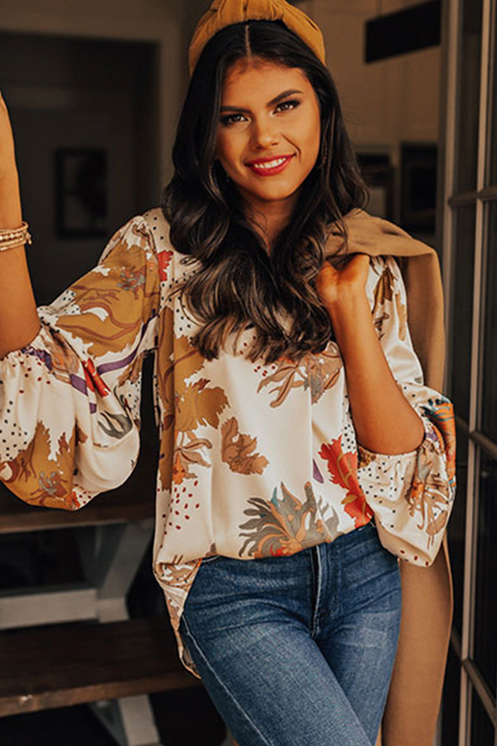 V Neck Loose Sleeve Floral Blouse