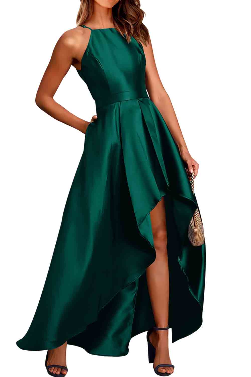 Satin Sleeveless Pleated High Low Dress with Pocket