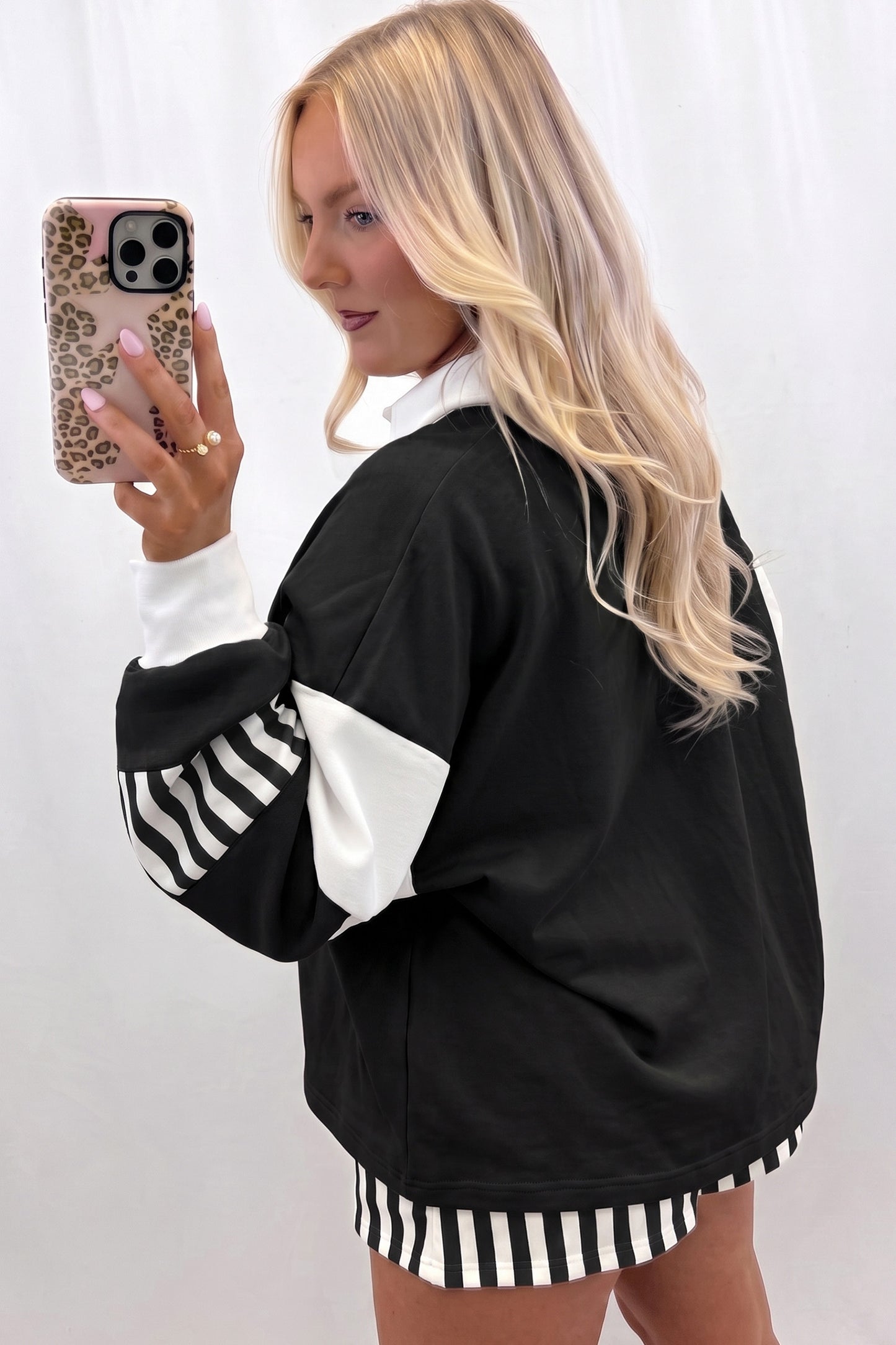 Smoke Green Striped Color Block Pullover Top Drawstring Shorts Set