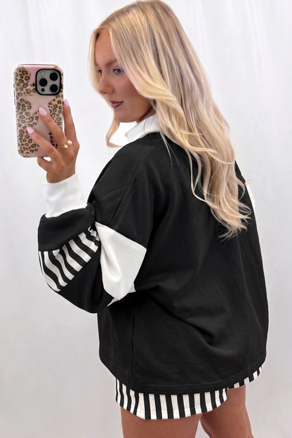 Smoke Green Striped Color Block Pullover Top Drawstring Shorts Set