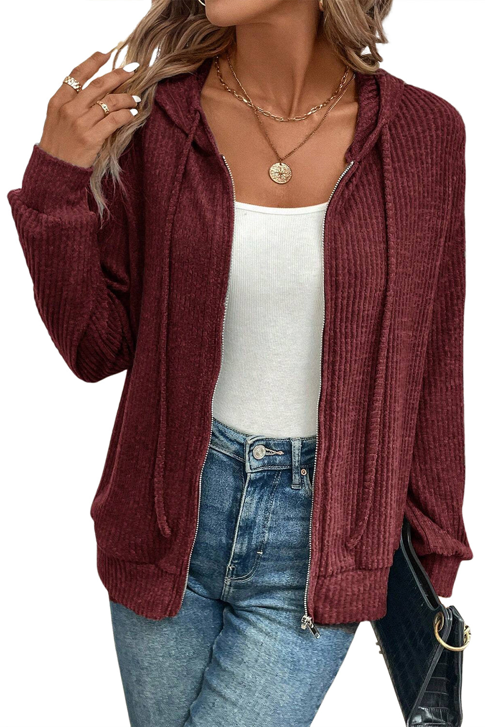 Red Dahlia Ribbed Zip Front Drawstring Hoodie