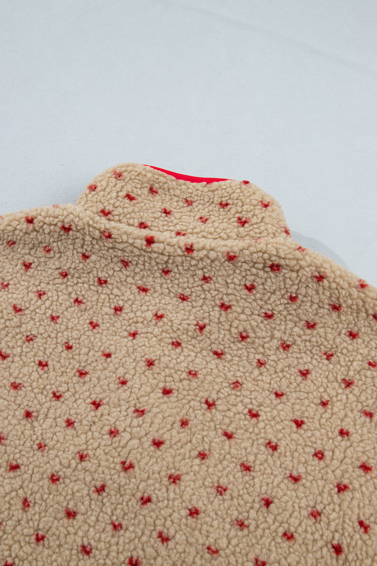Khaki Heart Pattern Fleece Colorblock Collar Long Sleeve Sweatshirt