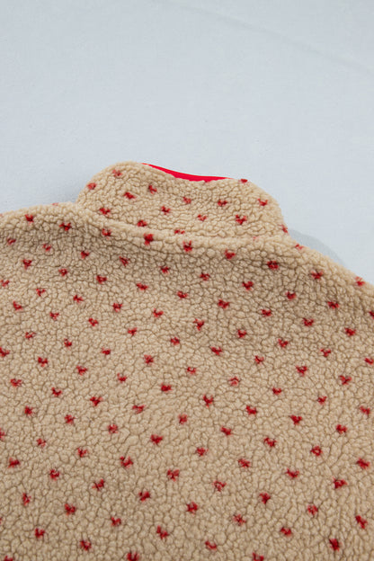 Khaki Heart Pattern Fleece Colorblock Collar Long Sleeve Sweatshirt
